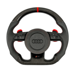 Audi RS Line спортен волан за A3 A4 A5 Q5 Q7 (2016–2020) – карбон, естествена кожа, shift paddles