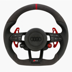 Audi RS спортен волан 2019–2024 – алкантара и карбон, shift paddles, съвместим с RS3 RS4 RS5 RS6