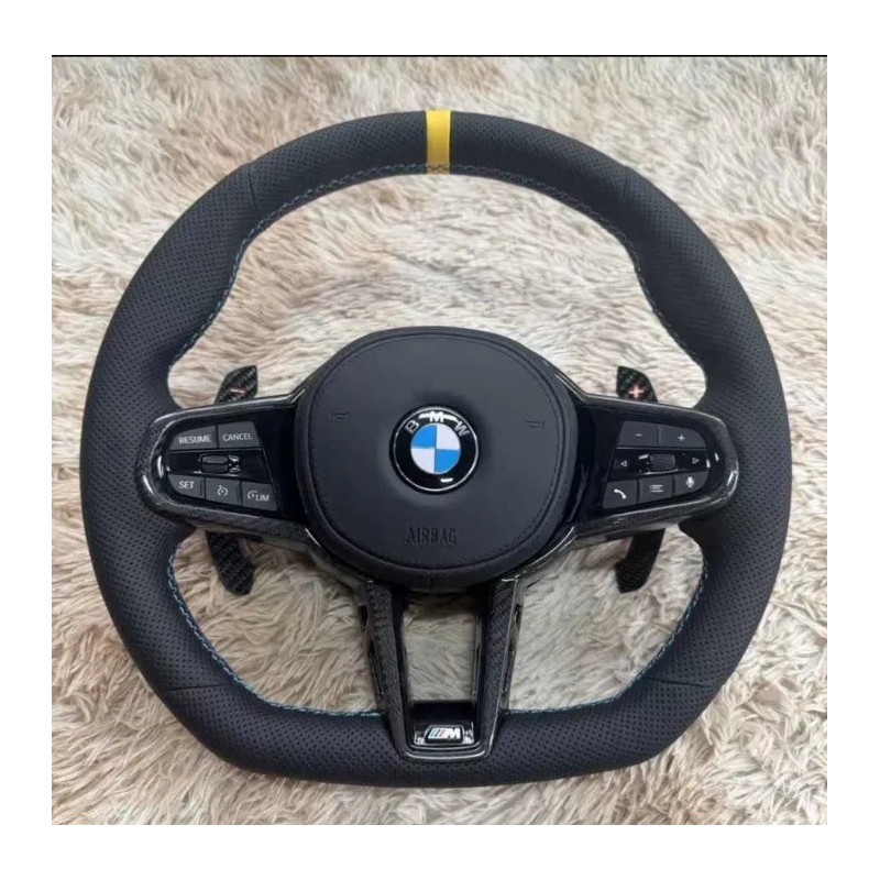 Волан BMW M Performance – кожа с жълта лента и сини M шевове – G серия (2018–2024)