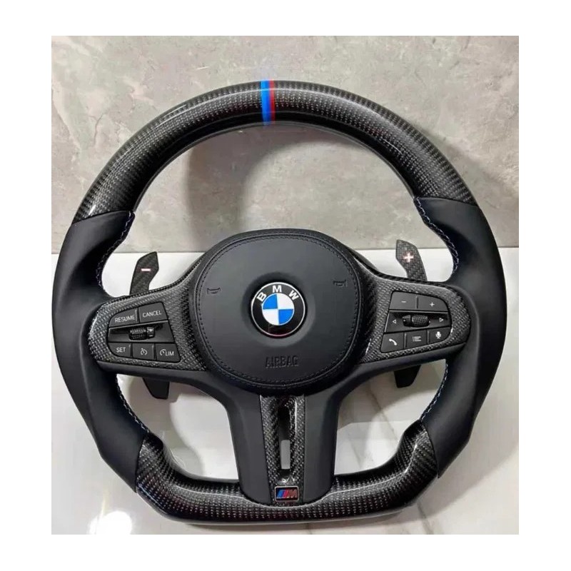 Волан BMW M Performance – карбон и кожа със синя M лента – G серия (2019–2024)