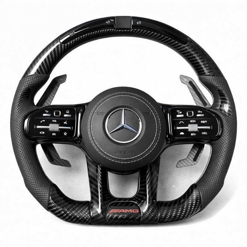 Волан Mercedes AMG – карбон и перфорирана кожа с LED дисплей и бял шев (2019–2022)
