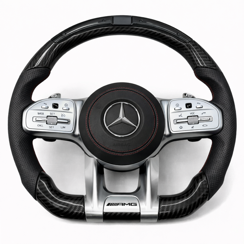 Волан Mercedes AMG – карбон и кожа с LED дисплей и червен шев (2019–2022)
